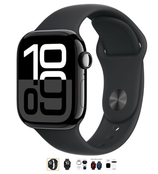 Apple Watch Series 10 GPS 42 mm Smartwatch - Jet Black Aluminium Case - Black Sport Band - M/L
